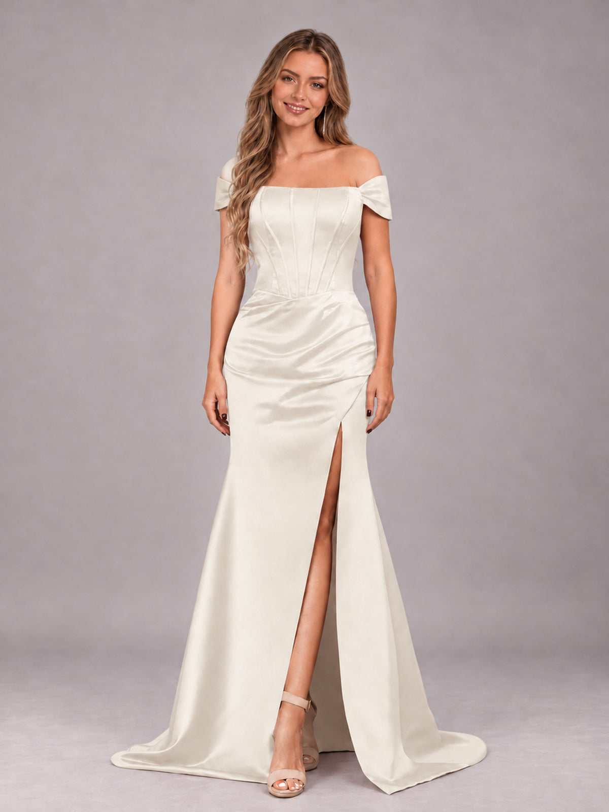Ivory Elegant Mermaid Off The Shoulder Bridesmaid Dress with Slit