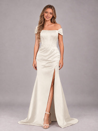 Ivory Elegant Mermaid Off The Shoulder Bridesmaid Dress with Slit