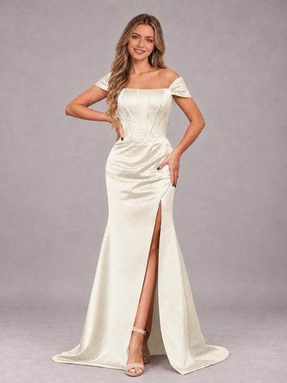 Ivory Elegant Mermaid Off The Shoulder Bridesmaid Dress with Slit