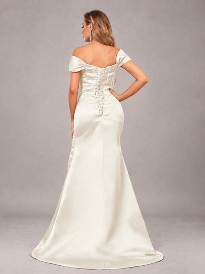 Ivory Elegant Mermaid Off The Shoulder Bridesmaid Dress with Slit