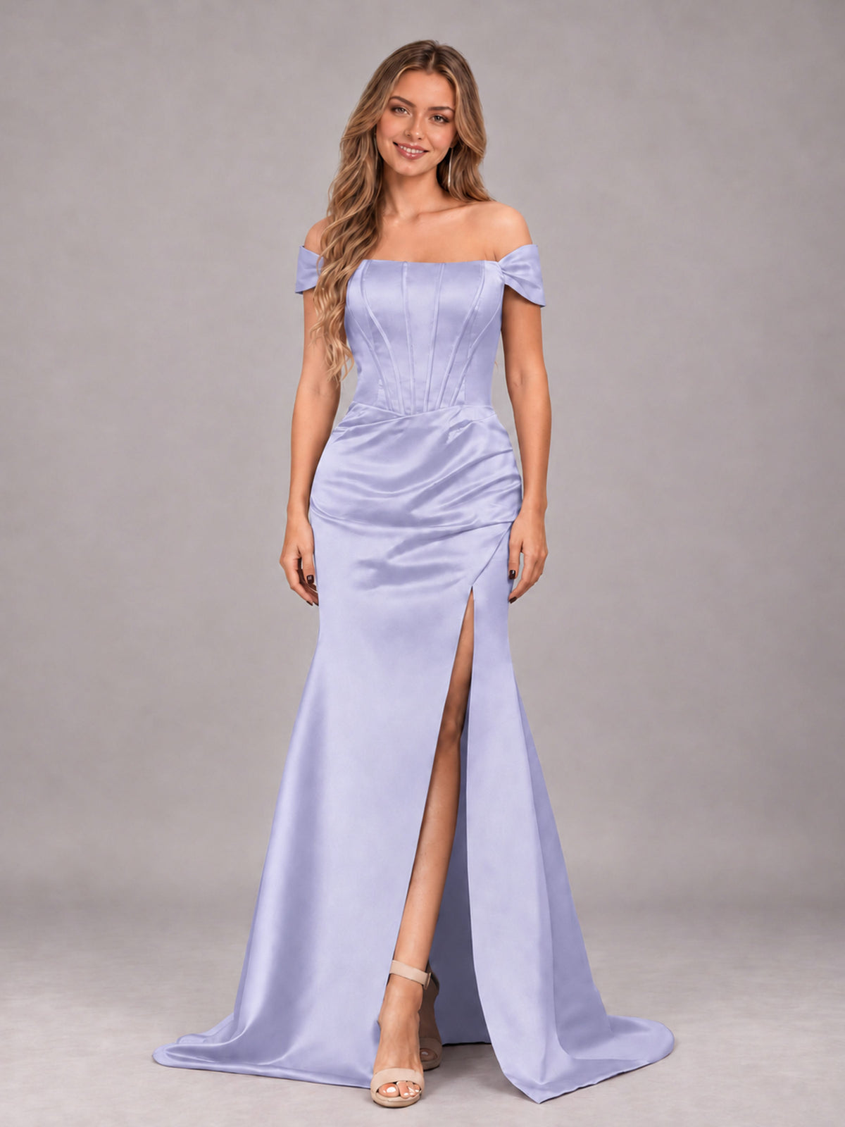 Lavender Elegant Mermaid Off The Shoulder Bridesmaid Dress with Slit
