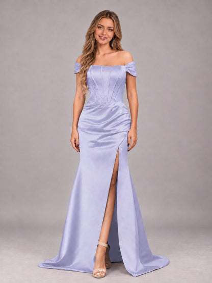 Lavender Elegant Mermaid Off The Shoulder Bridesmaid Dress with Slit