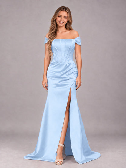 Light Blue Elegant Mermaid Off The Shoulder Bridesmaid Dress with Slit