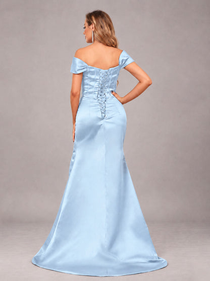 Light Blue Elegant Mermaid Off The Shoulder Bridesmaid Dress with Slit