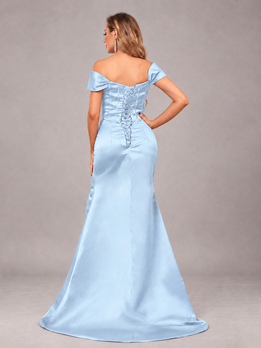 Light Blue Elegant Mermaid Off The Shoulder Bridesmaid Dress with Slit