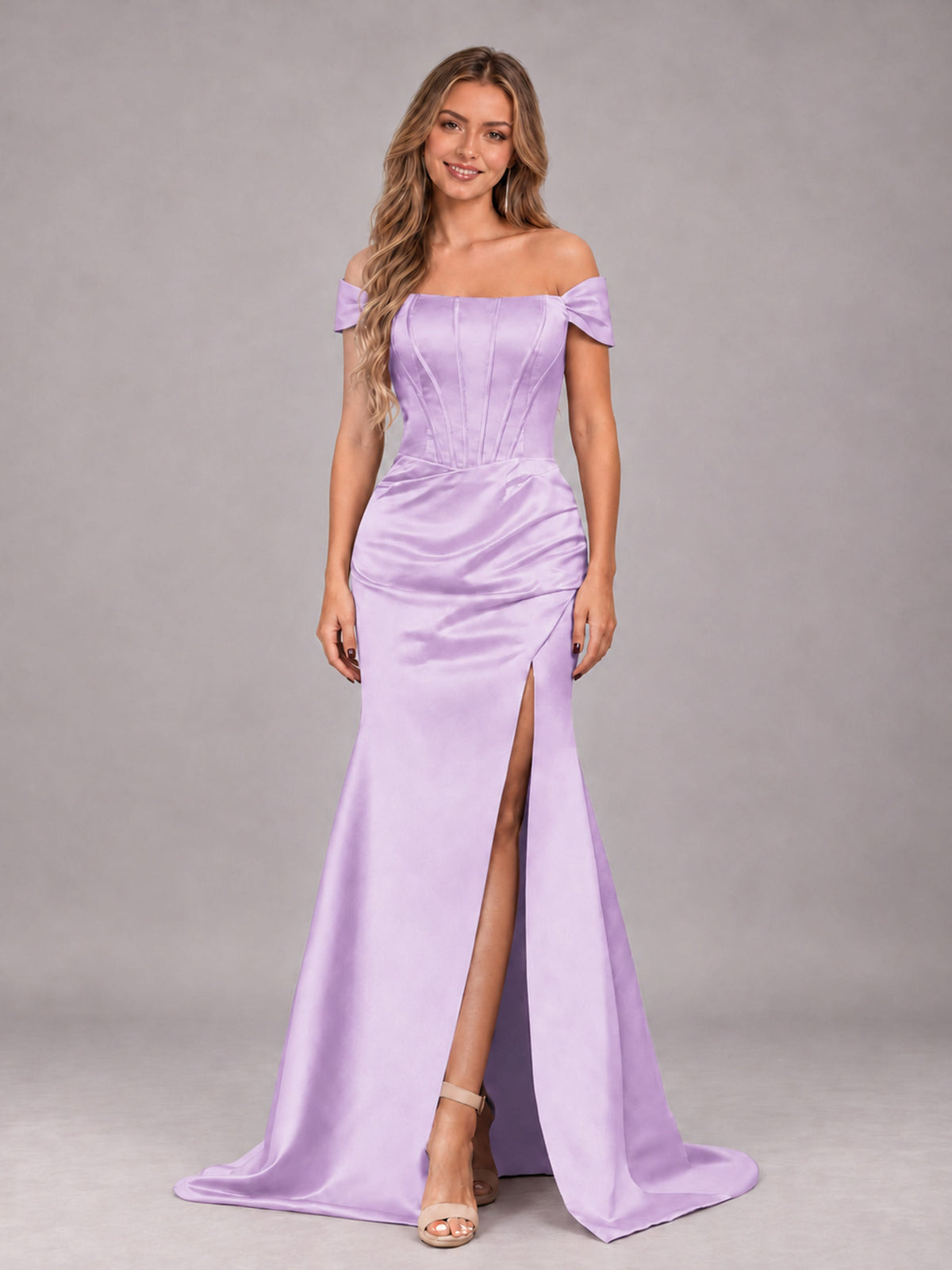 Lilac Elegant Mermaid Off The Shoulder Bridesmaid Dress with Slit