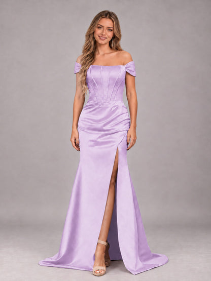 Lilac Elegant Mermaid Off The Shoulder Bridesmaid Dress with Slit