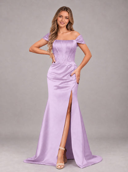 Lilac Elegant Mermaid Off The Shoulder Bridesmaid Dress with Slit