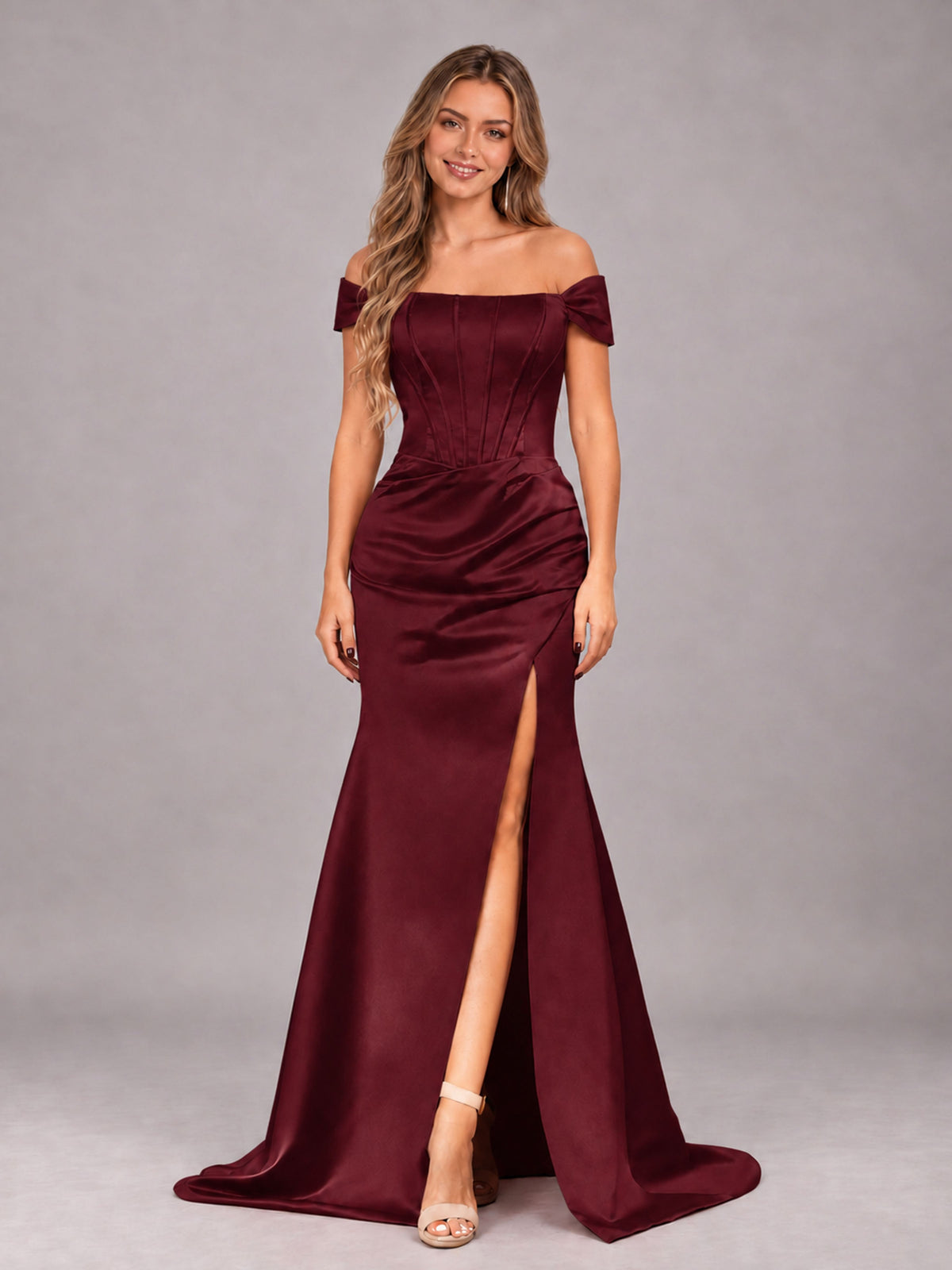 Maroon Elegant Mermaid Off The Shoulder Bridesmaid Dress with Slit