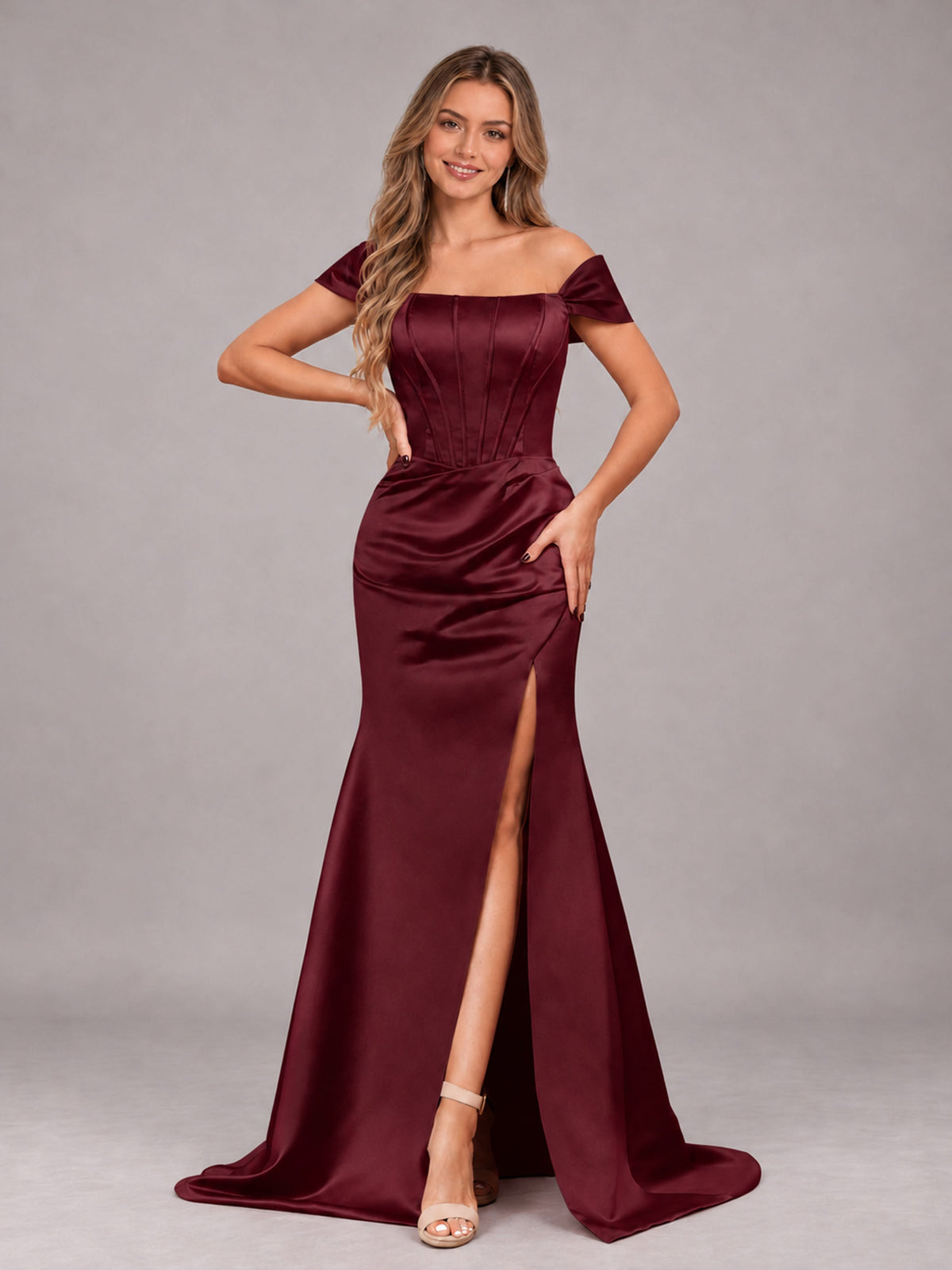 Maroon Elegant Mermaid Off The Shoulder Bridesmaid Dress with Slit