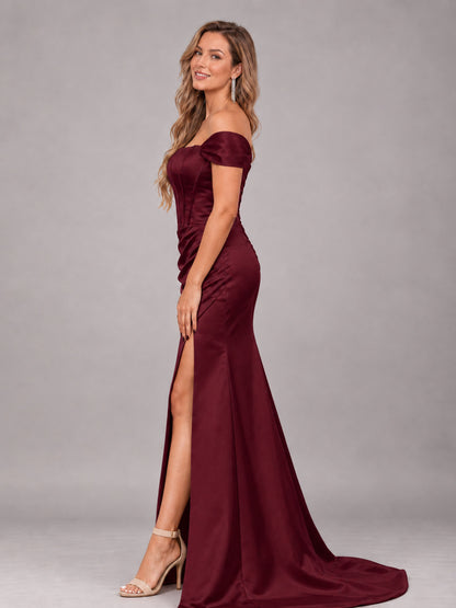Maroon Elegant Mermaid Off The Shoulder Bridesmaid Dress with Slit