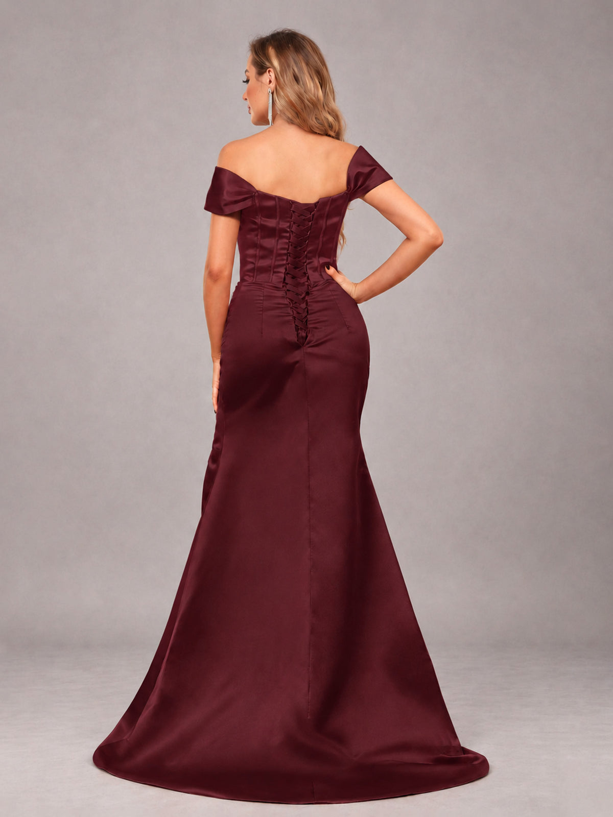 Maroon Elegant Mermaid Off The Shoulder Bridesmaid Dress with Slit