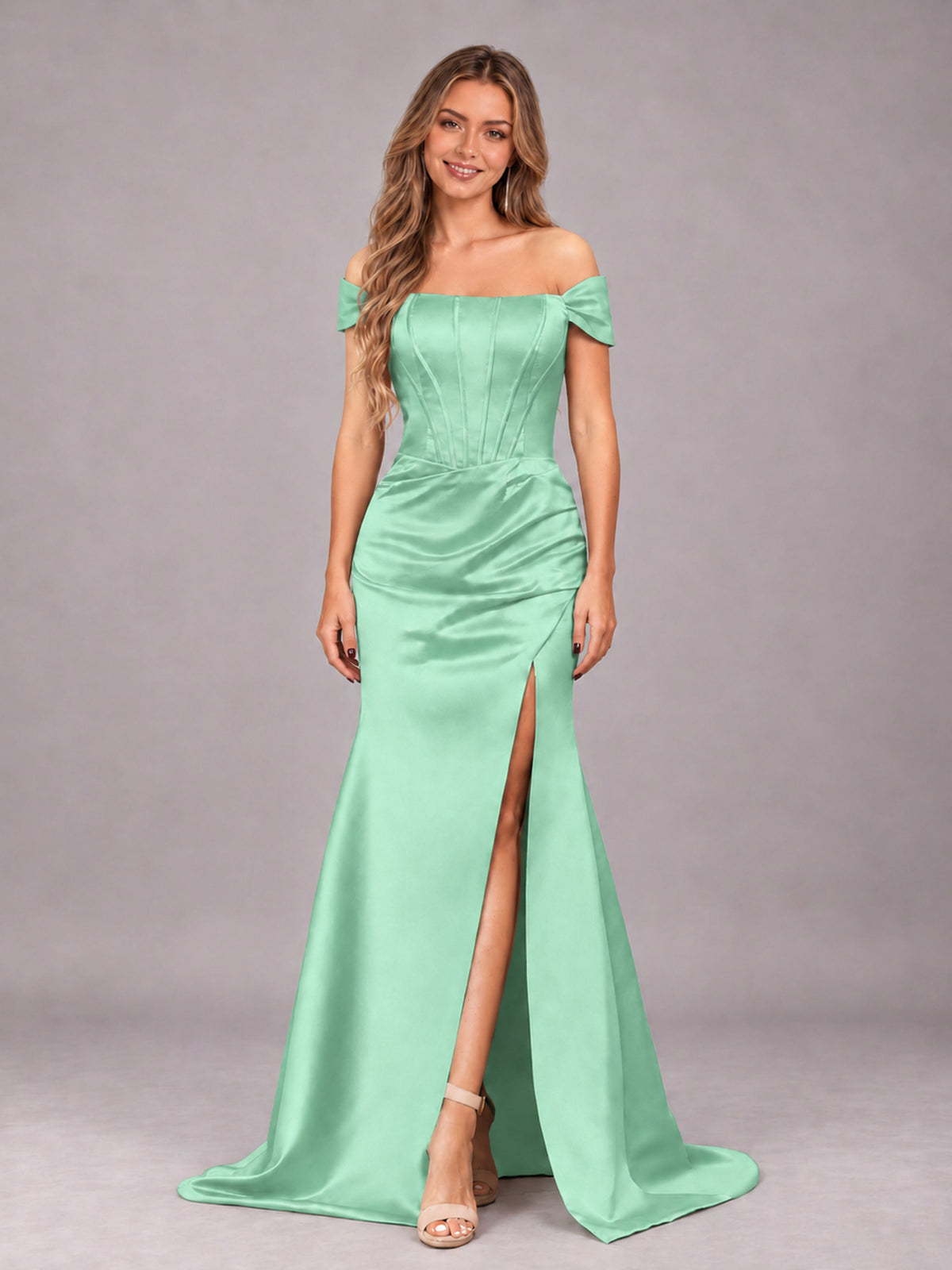 Mint Green Elegant Mermaid Off The Shoulder Bridesmaid Dress with Slit