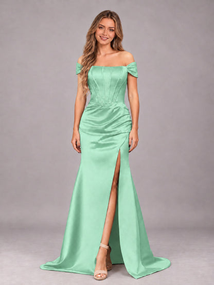 Mint Green Elegant Mermaid Off The Shoulder Bridesmaid Dress with Slit