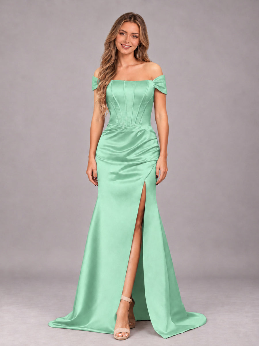 Mint Green Elegant Mermaid Off The Shoulder Bridesmaid Dress with Slit