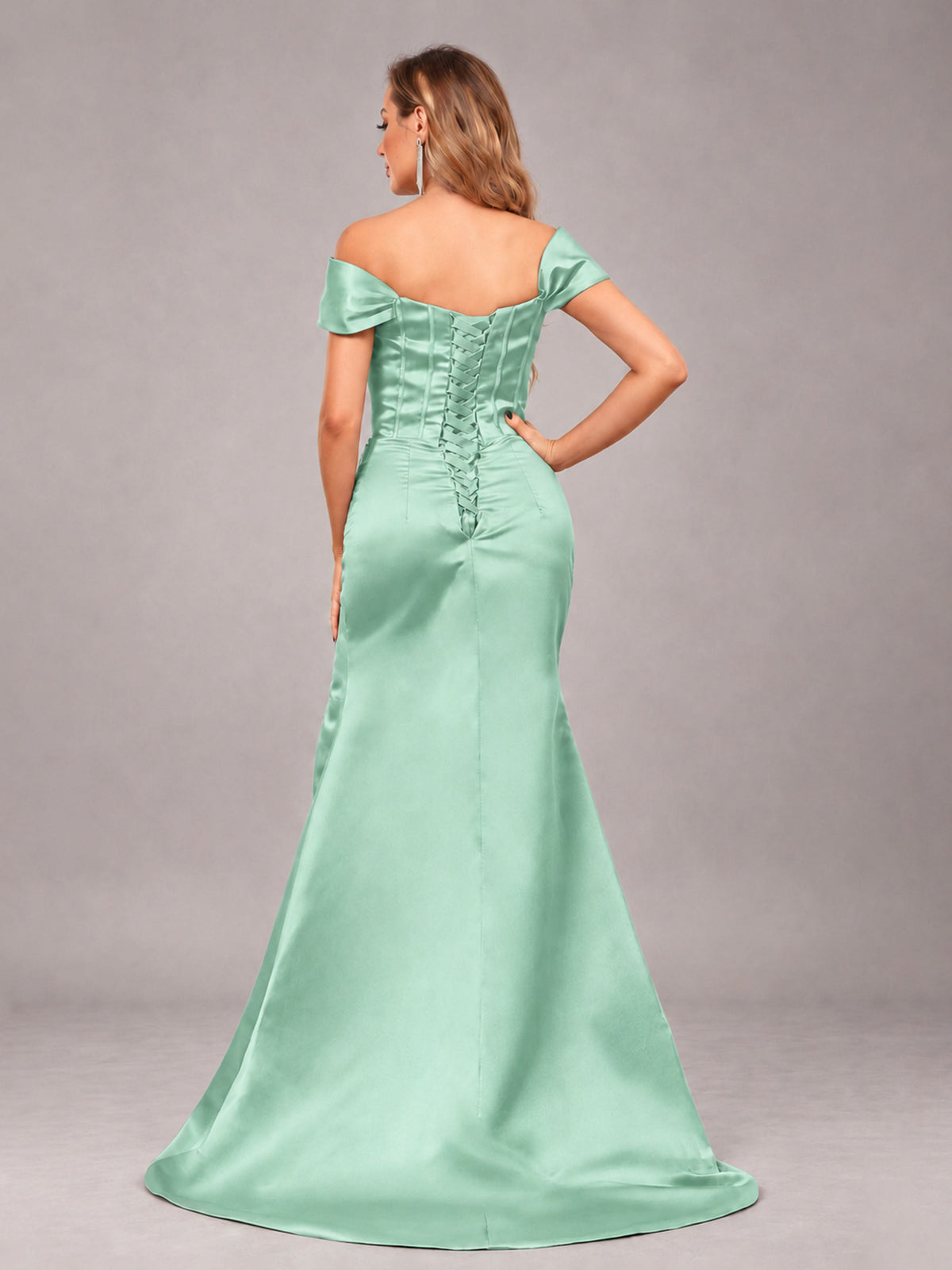 Mint Green Elegant Mermaid Off The Shoulder Bridesmaid Dress with Slit