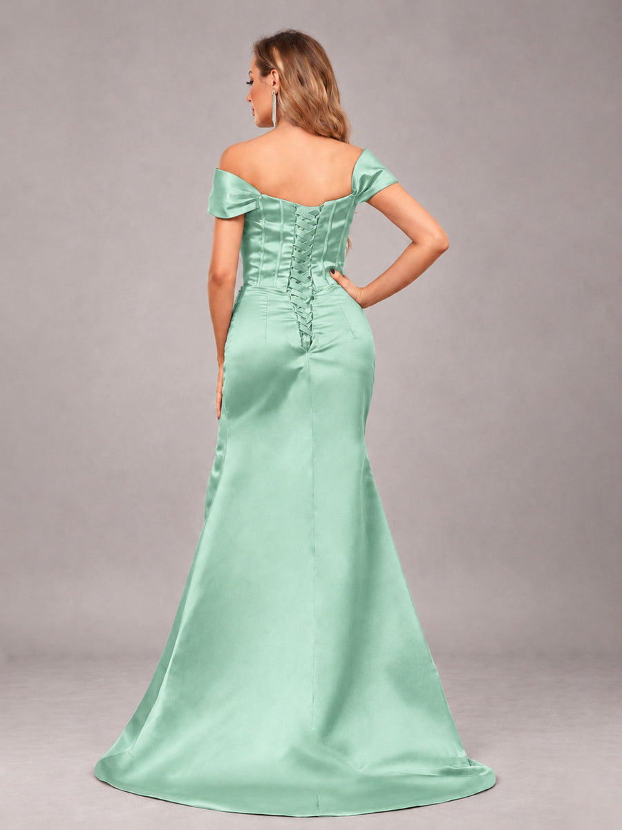 Mint Green Elegant Mermaid Off The Shoulder Bridesmaid Dress with Slit