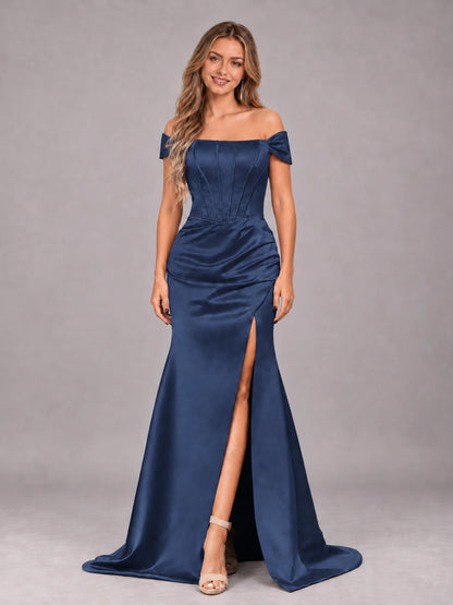 Navy Blue Elegant Mermaid Off The Shoulder Bridesmaid Dress with Slit