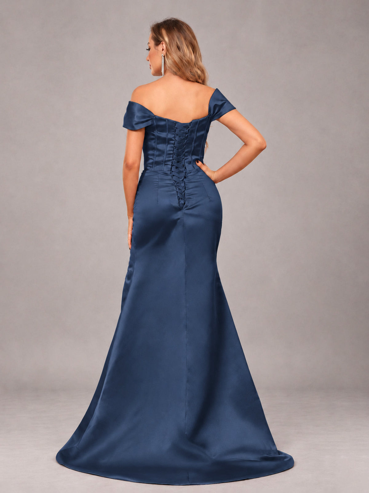 Navy Blue Elegant Mermaid Off The Shoulder Bridesmaid Dress with Slit