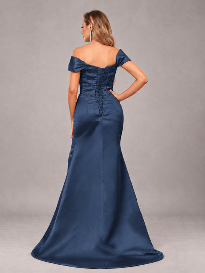 Navy Blue Elegant Mermaid Off The Shoulder Bridesmaid Dress with Slit