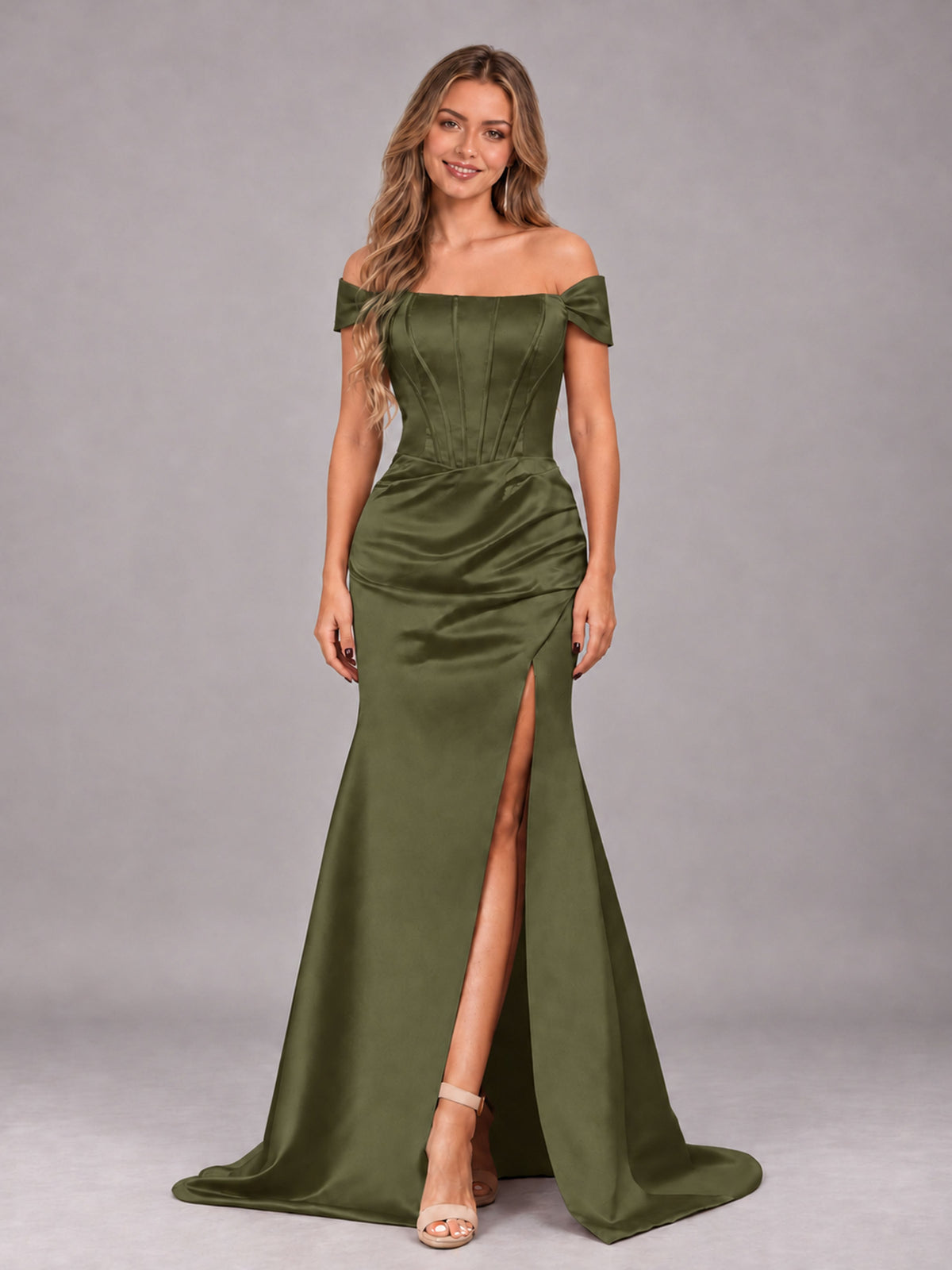 Olive Green Elegant Mermaid Off The Shoulder Bridesmaid Dress with Slit