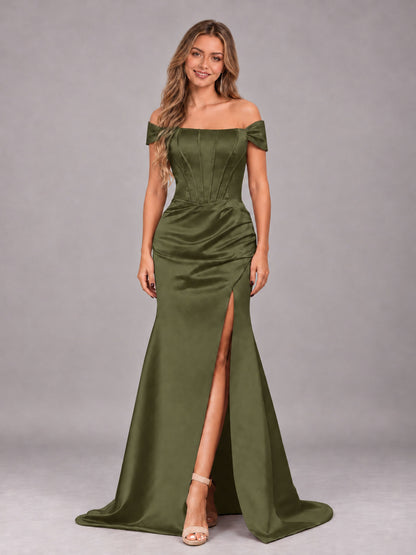 Olive Green Elegant Mermaid Off The Shoulder Bridesmaid Dress with Slit