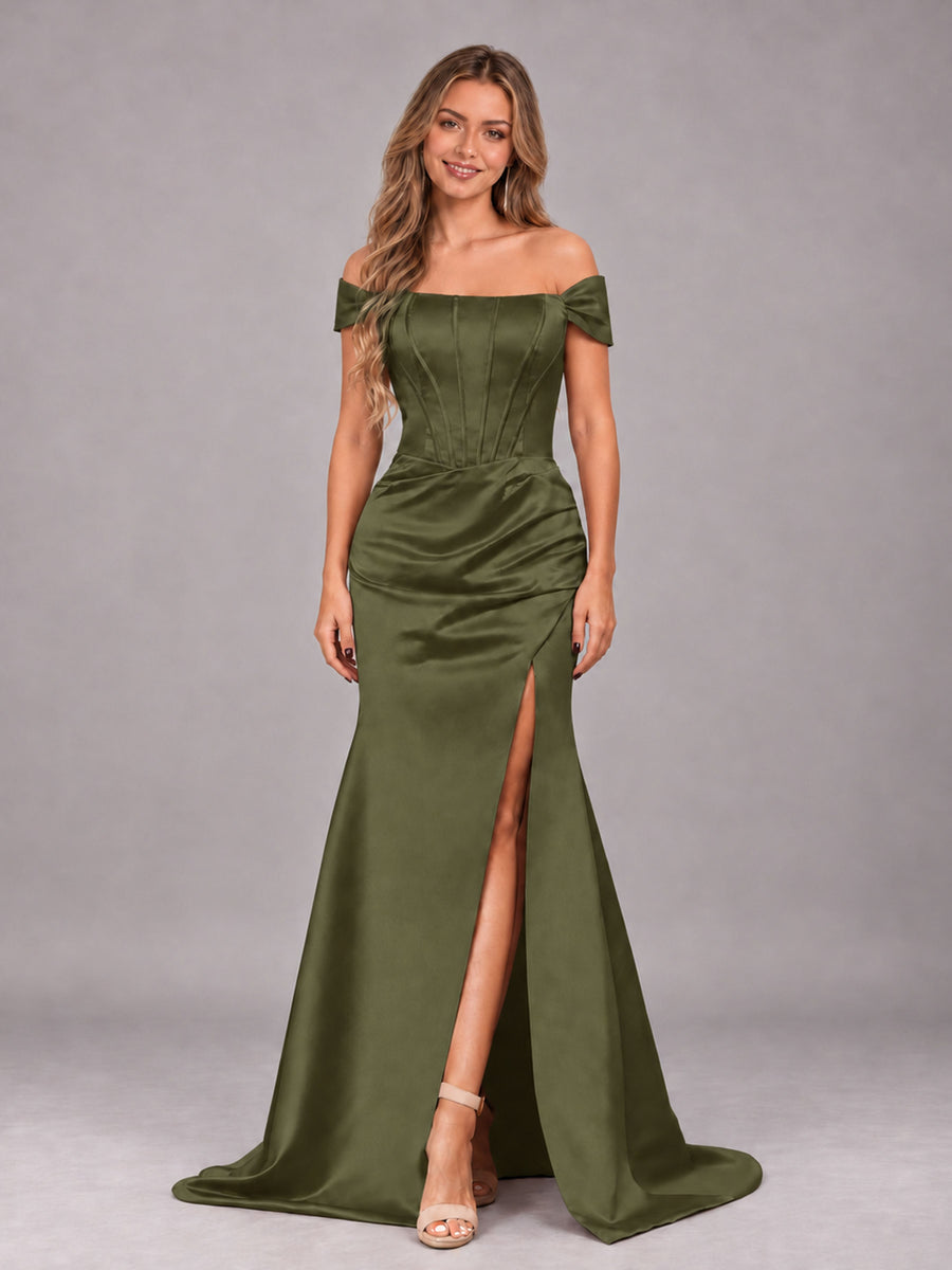 Olive Green Elegant Mermaid Off The Shoulder Bridesmaid Dress with Slit
