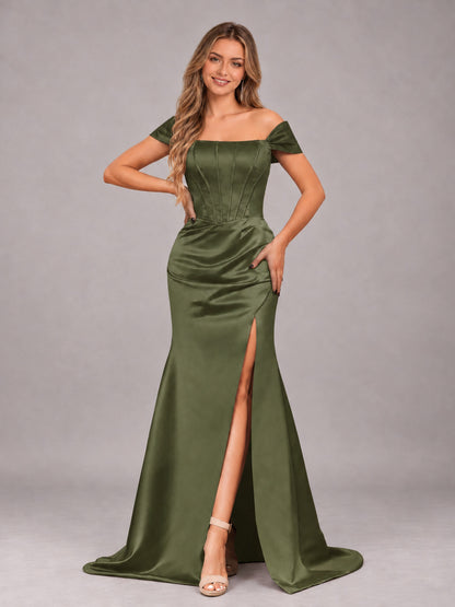Olive Green Elegant Mermaid Off The Shoulder Bridesmaid Dress with Slit
