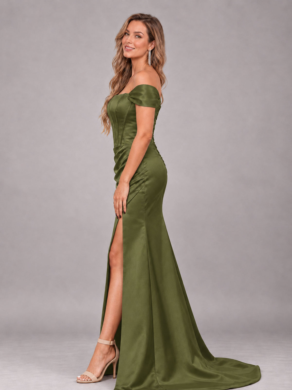 Olive Green Elegant Mermaid Off The Shoulder Bridesmaid Dress with Slit