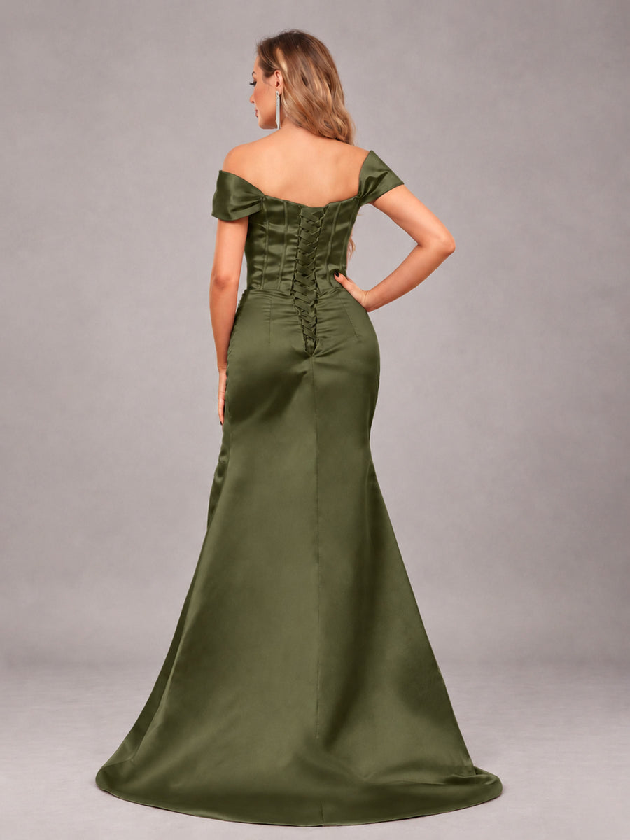Olive Green Elegant Mermaid Off The Shoulder Bridesmaid Dress with Slit