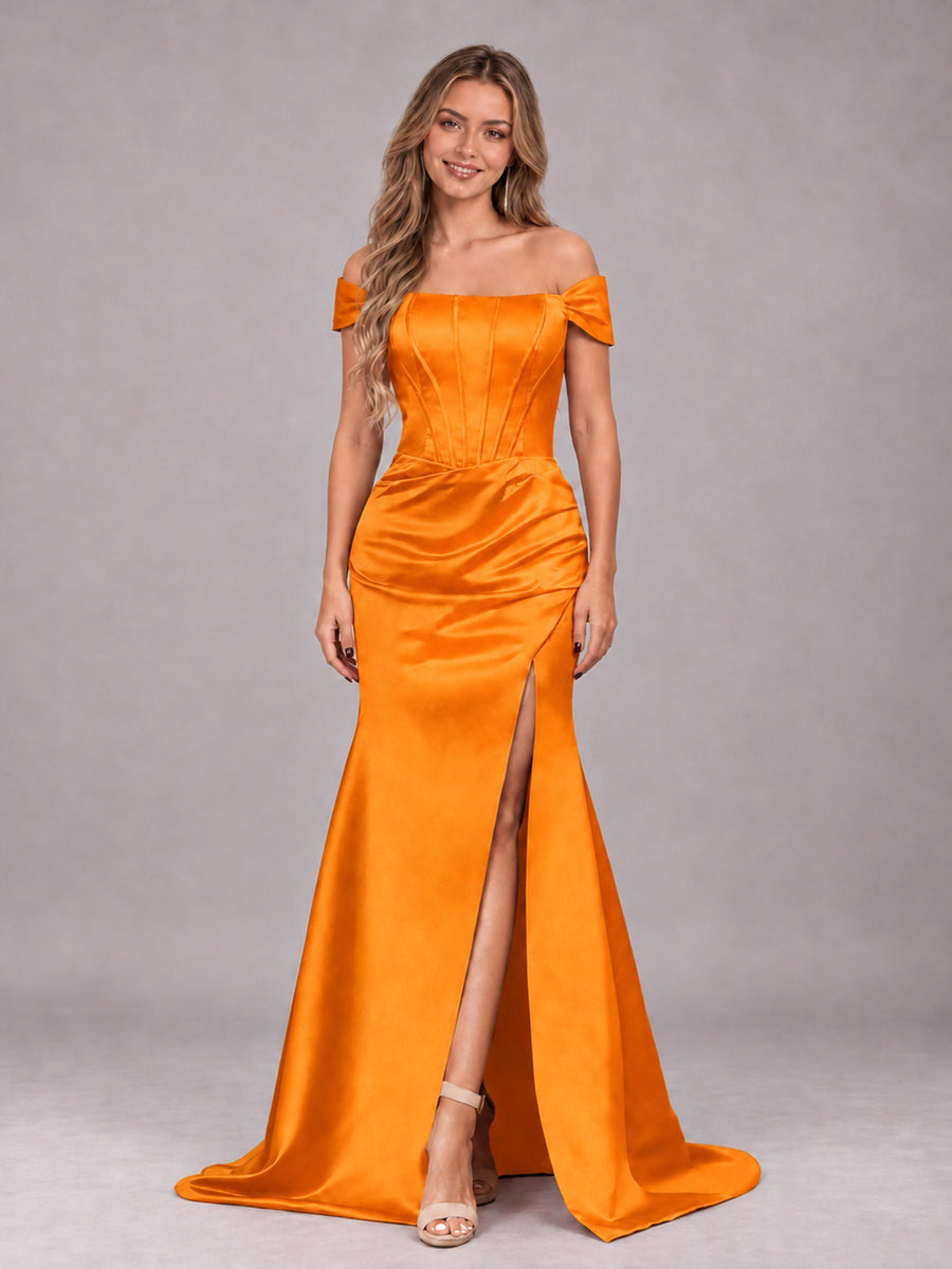 Orange Elegant Mermaid Off The Shoulder Bridesmaid Dress with Slit