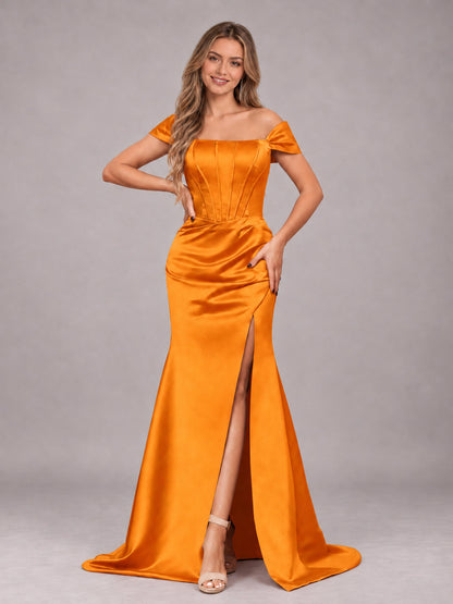 Orange Elegant Mermaid Off The Shoulder Bridesmaid Dress with Slit