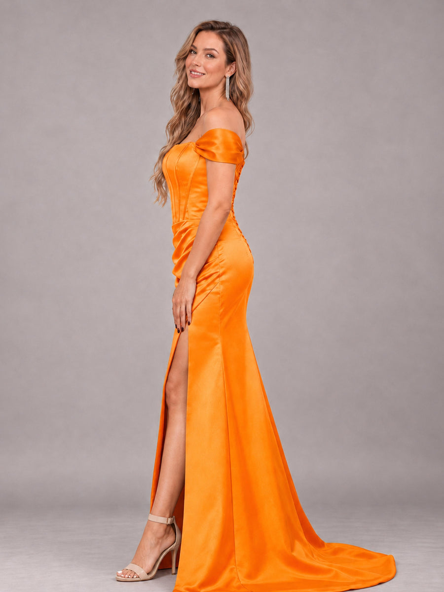 Orange Elegant Mermaid Off The Shoulder Bridesmaid Dress with Slit