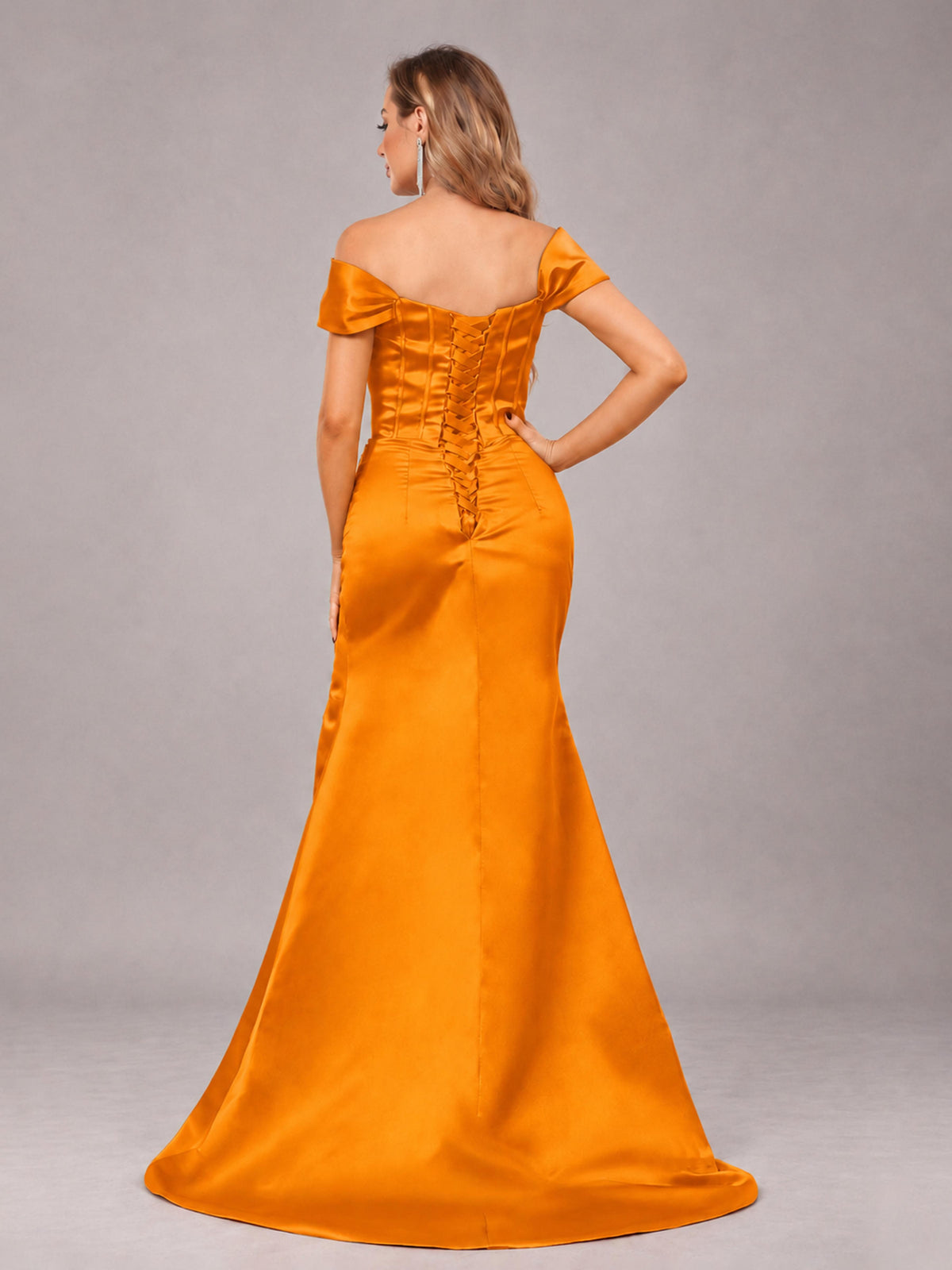Orange Elegant Mermaid Off The Shoulder Bridesmaid Dress with Slit