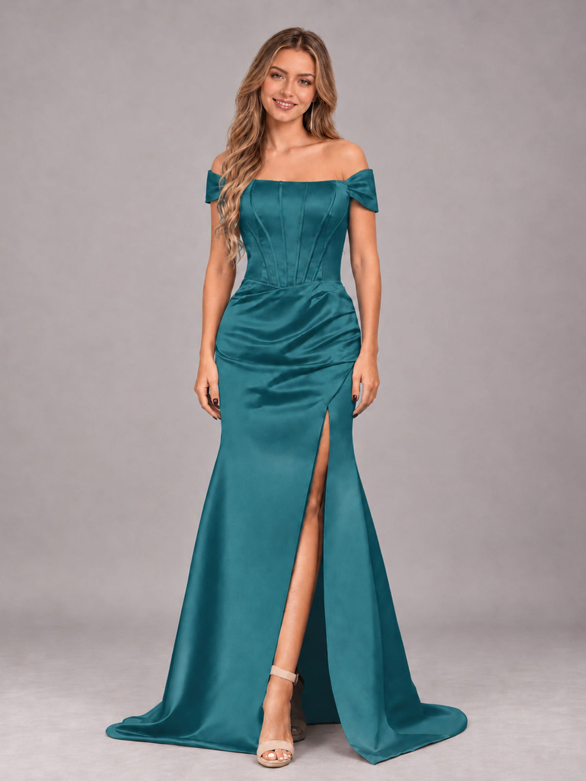 Peacock Elegant Mermaid Off The Shoulder Bridesmaid Dress with Slit