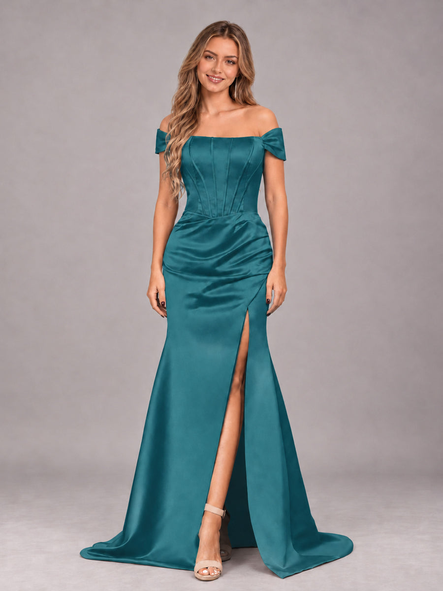 Peacock Elegant Mermaid Off The Shoulder Bridesmaid Dress with Slit