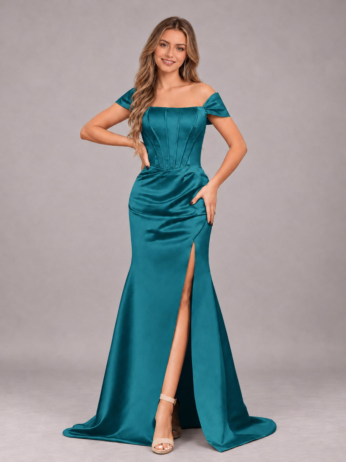Peacock Elegant Mermaid Off The Shoulder Bridesmaid Dress with Slit