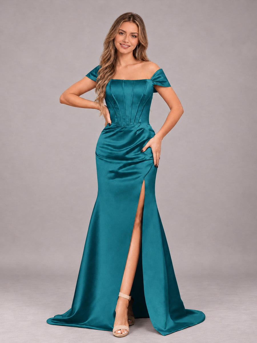 Peacock Elegant Mermaid Off The Shoulder Bridesmaid Dress with Slit