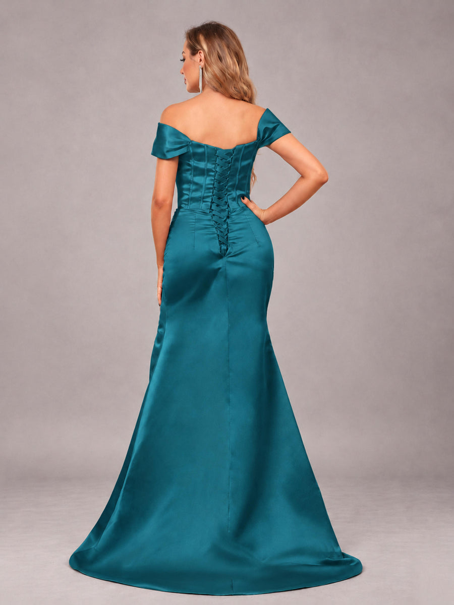 Peacock Elegant Mermaid Off The Shoulder Bridesmaid Dress with Slit