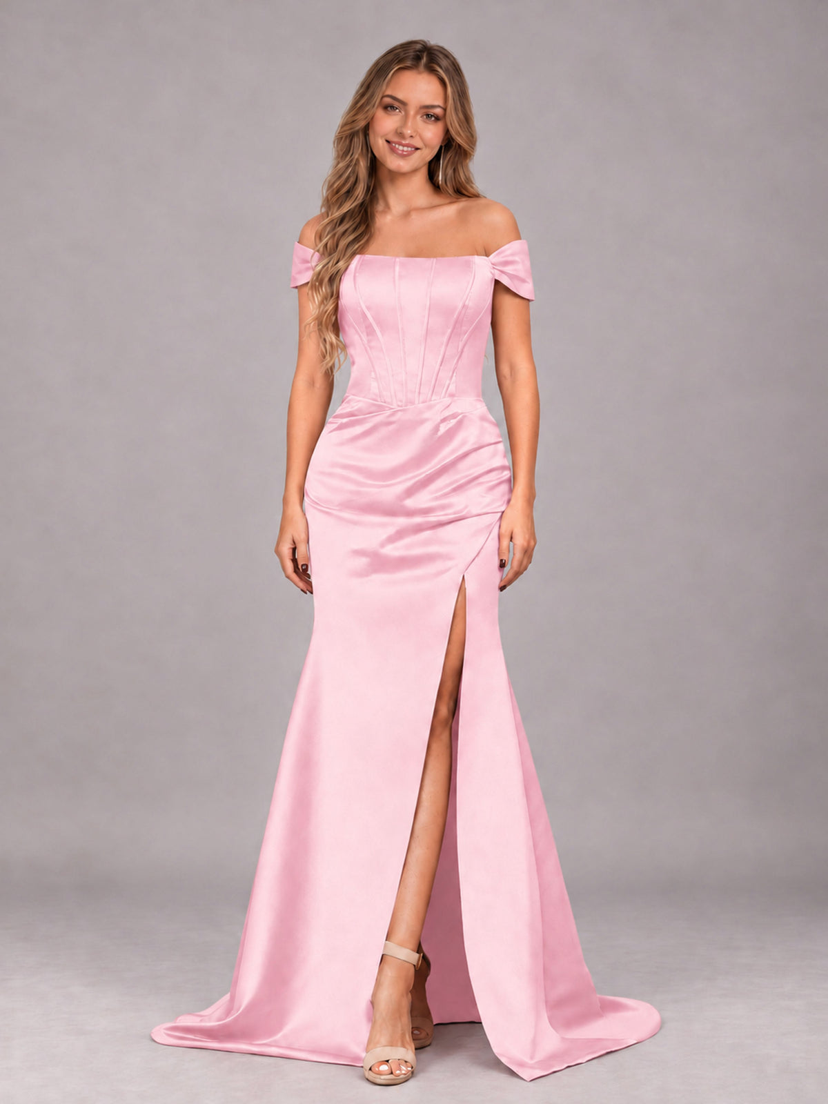 Pink Elegant Mermaid Off The Shoulder Bridesmaid Dress with Slit