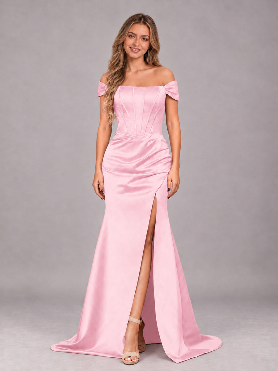 Pink Elegant Mermaid Off The Shoulder Bridesmaid Dress with Slit