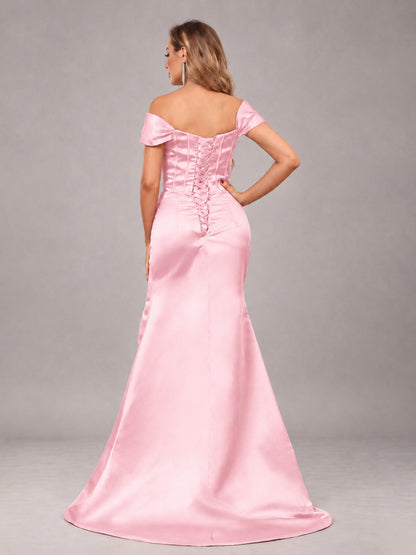 Pink Elegant Mermaid Off The Shoulder Bridesmaid Dress with Slit