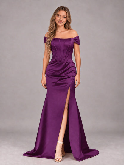 Plum Elegant Mermaid Off The Shoulder Bridesmaid Dress with Slit