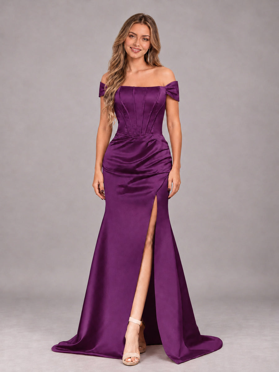 Plum Elegant Mermaid Off The Shoulder Bridesmaid Dress with Slit