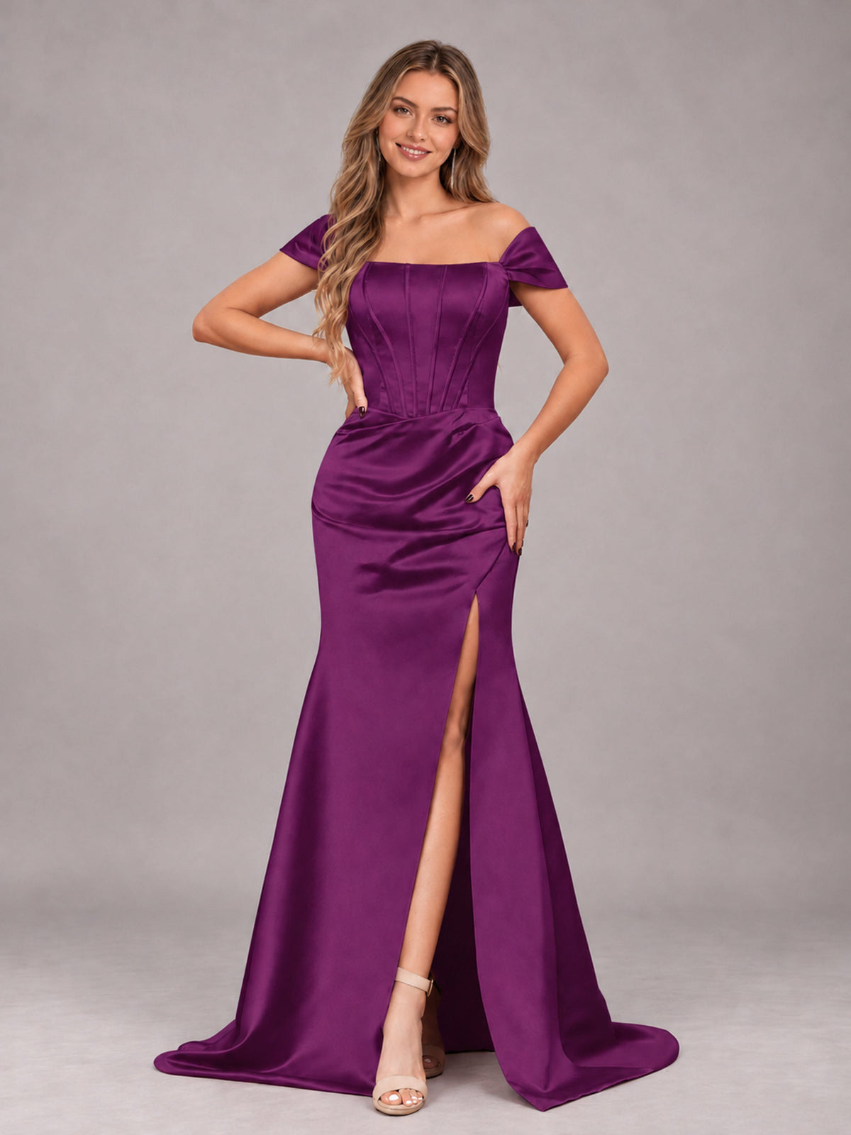Plum Elegant Mermaid Off The Shoulder Bridesmaid Dress with Slit