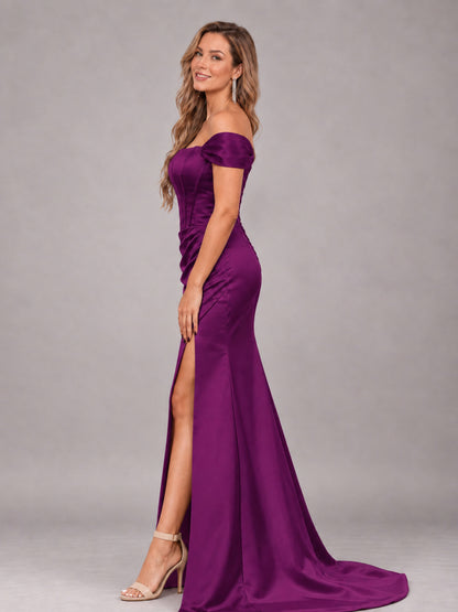 Plum Elegant Mermaid Off The Shoulder Bridesmaid Dress with Slit