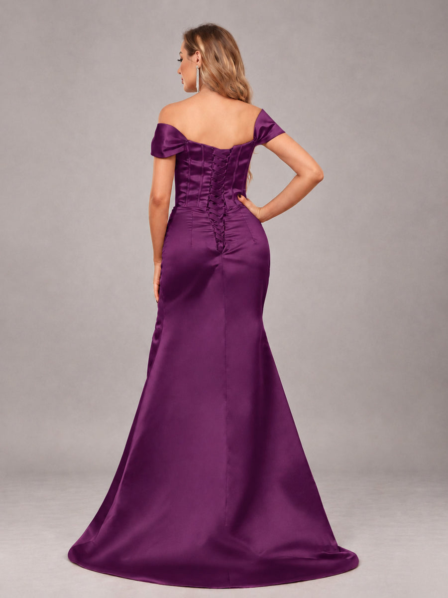 Plum Elegant Mermaid Off The Shoulder Bridesmaid Dress with Slit