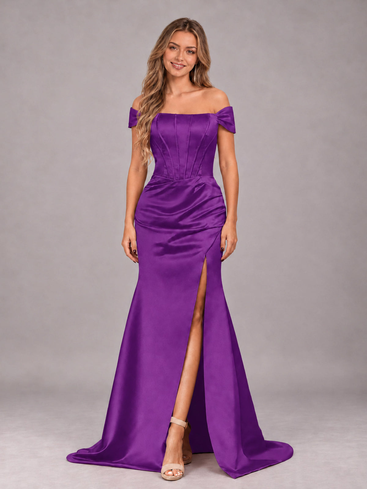 Purple Elegant Mermaid Off The Shoulder Bridesmaid Dress with Slit