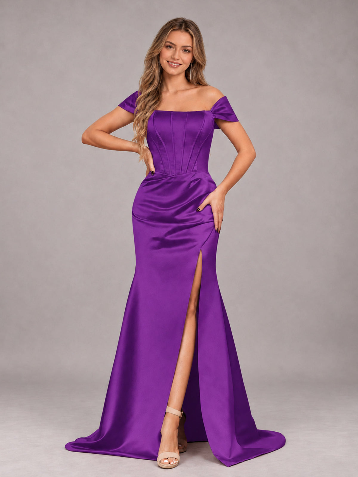 Purple Elegant Mermaid Off The Shoulder Bridesmaid Dress with Slit