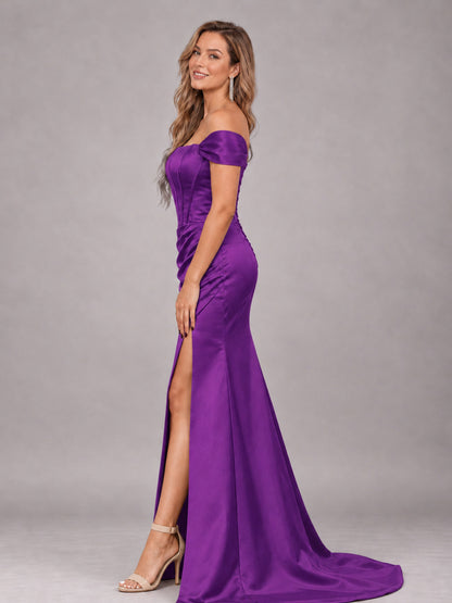 Purple Elegant Mermaid Off The Shoulder Bridesmaid Dress with Slit